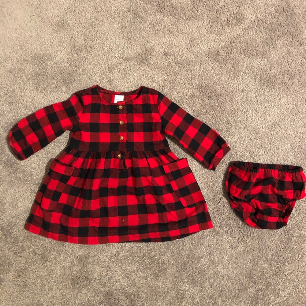 Red buffalo plaid baby girl dress with bloomers